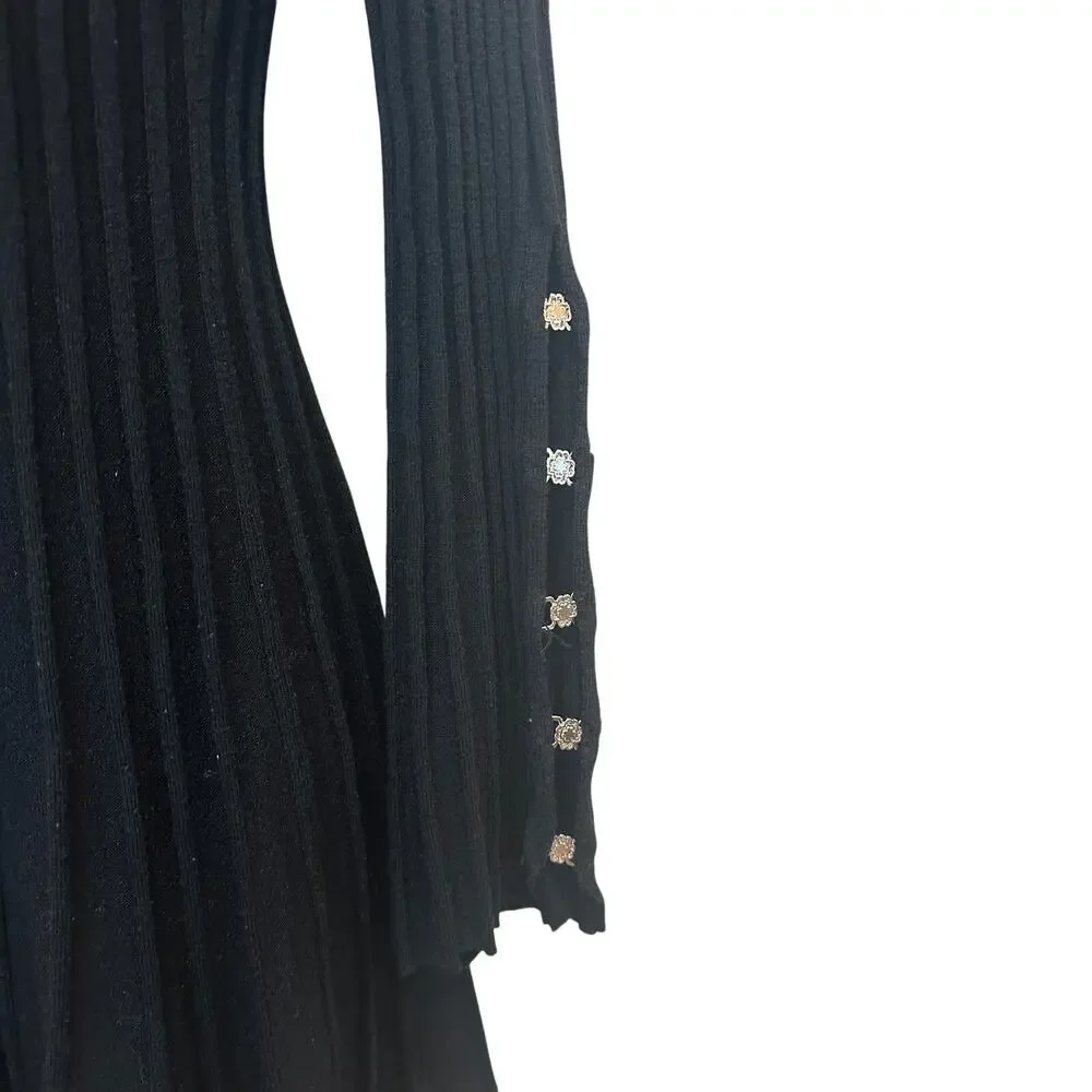 Maje Black Ribbed Knit Mini Dress SIZE 0 Career Fit Flare Long Bell Sleeve $300 - Picture 5 of 12